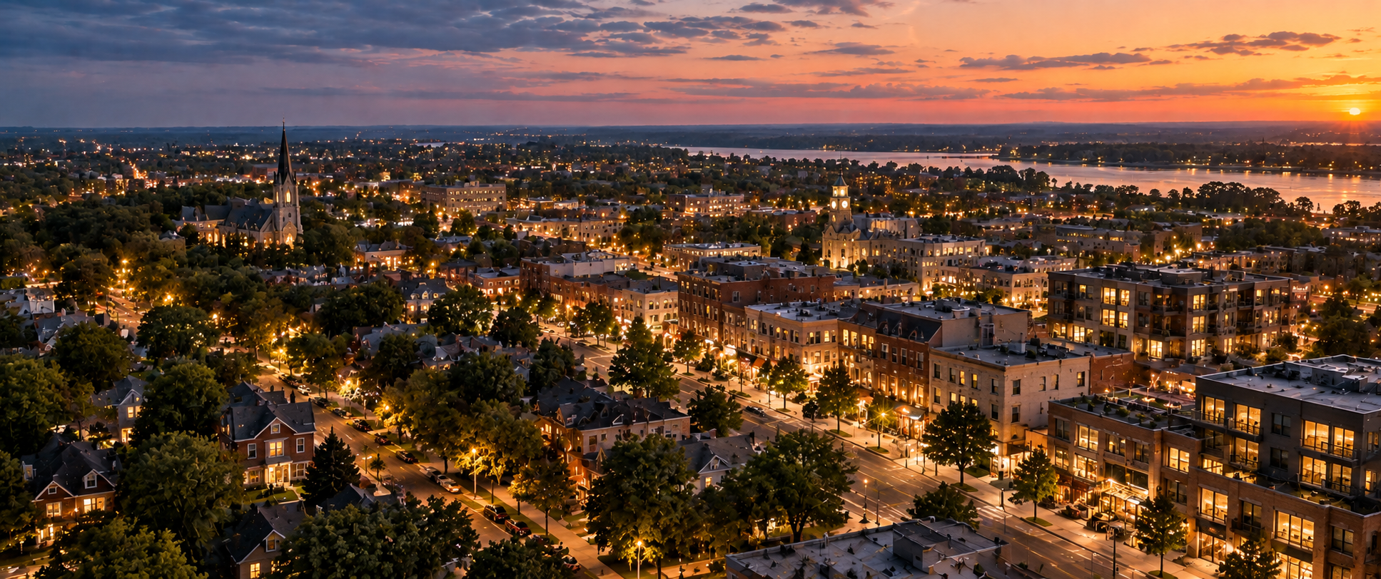 Aerial view of a Canadian city at dusk, lights coming on across neighbourhoods